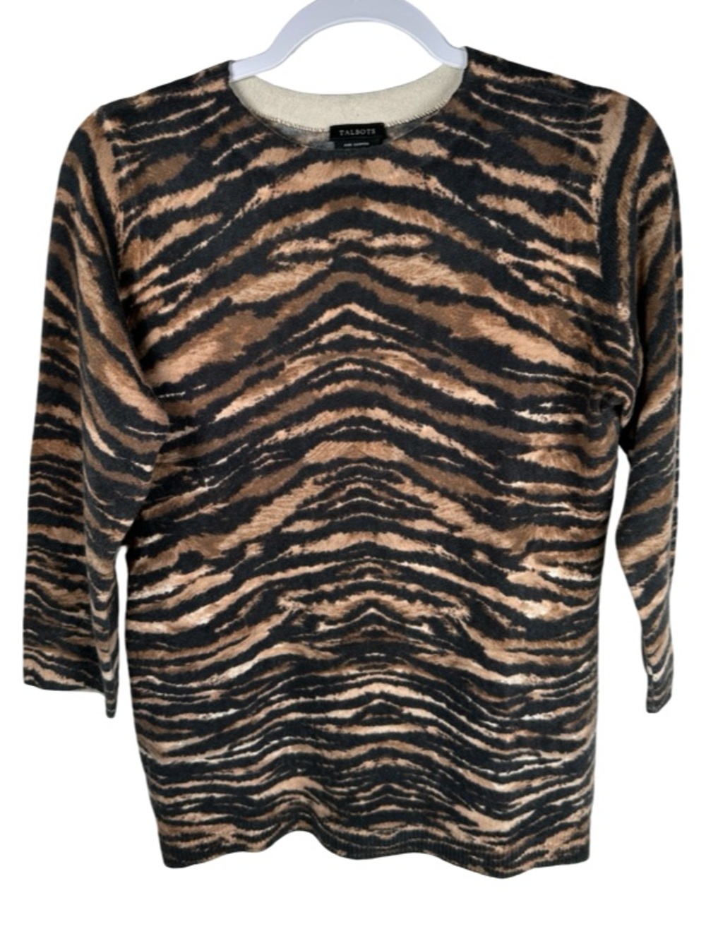 Talbots brown tiger stripe 100% Pure Cashmere Crewneck Sweater Size medium